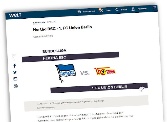 Aussriss von Welt.de zum Bundesliga-Spiel Hertha Union