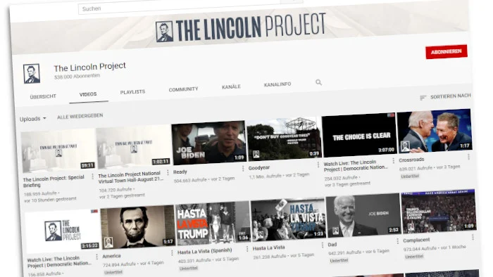 Screenshot des Youtube-Auftritt des Lincoln Projects
