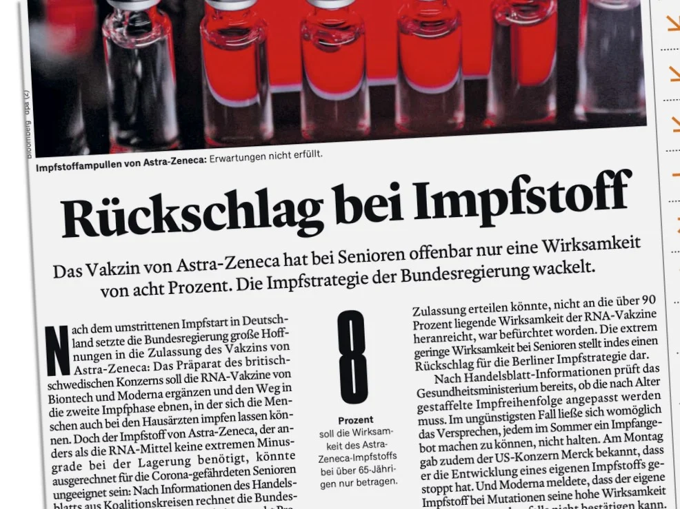 Rückschlag bei Impfstoff: Das Vakzin von Astrta-Zeneca hat bei Senioren offenbar nur eine Wirksamkeit von acht Prozent. Die Impfstrategie der Bundesregierung wackelt.