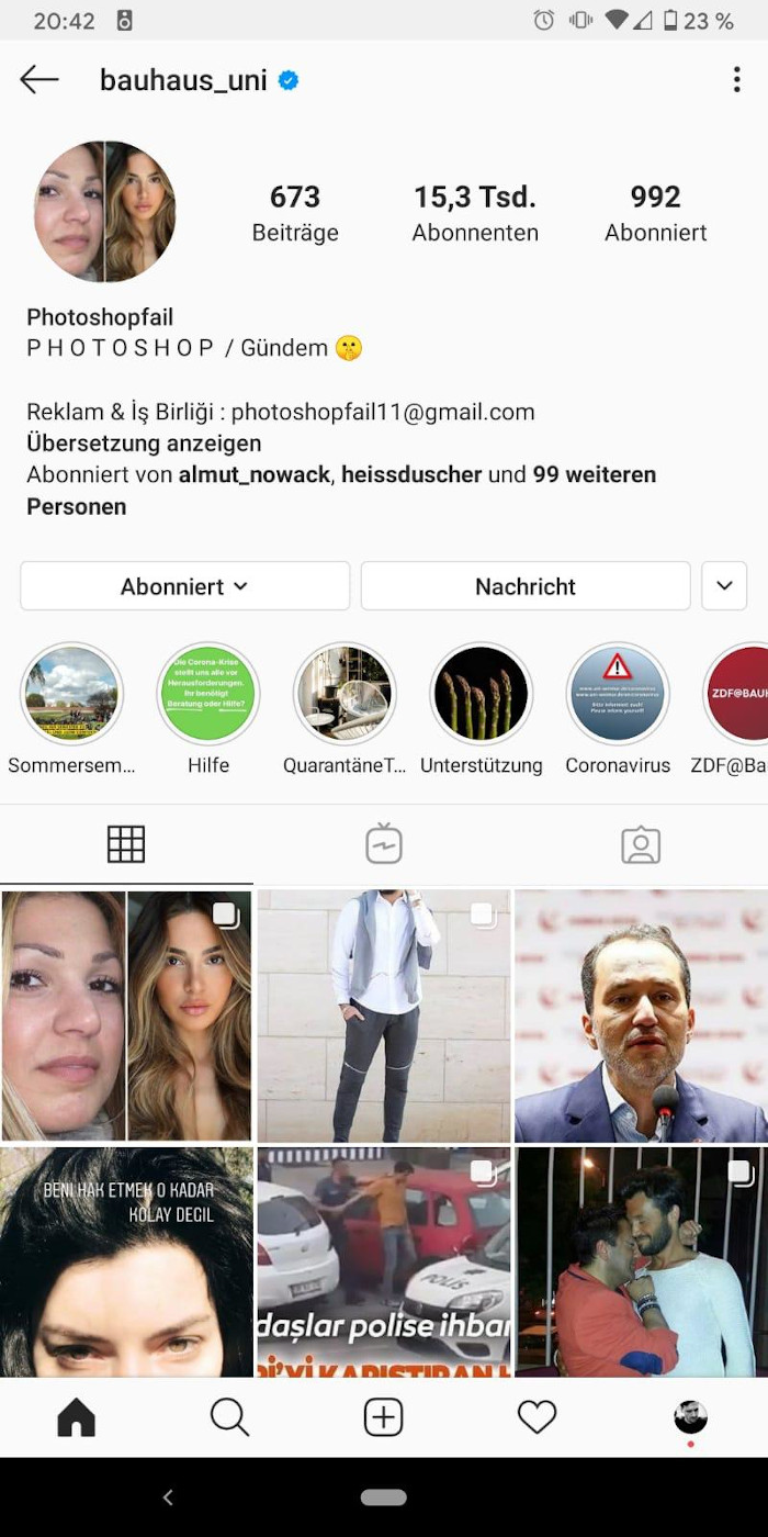 Ein Screenshot des gehackten Instagram-Accounts der Uni Weimar