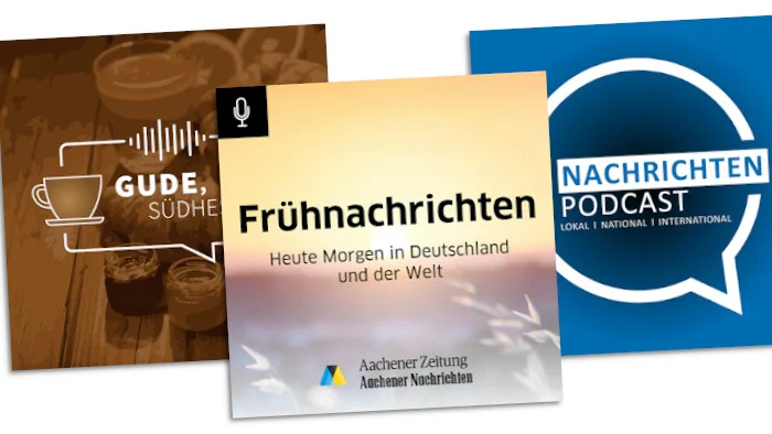 Die Logos der drei Podcasts von NWZ, VRM und Medienhaus Aachen