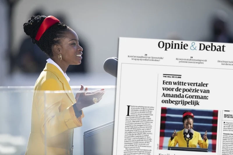 Amanda Gorman mit Kommentar aus "de Volkskrant"