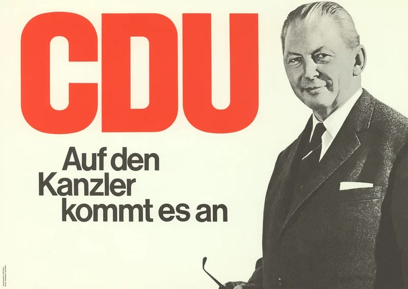 Wahlplakat der CDU: Kurt Georg Kiesinger mit dem Slogan "Auf den Kanzler kommt es an"