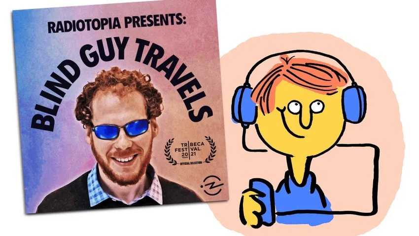 Logo "Blind Guy Travels" mit lachendem Podcasthörer