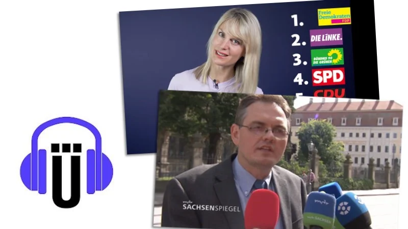 Übermedien-Podcast mit Screenshots aus „MDR Sachsenspiegel“ und „Quarks“