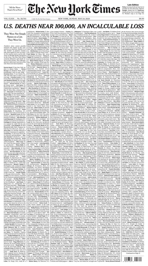 Titelseite der "New York Times" mit den Namen von 1000 Corona-Toten