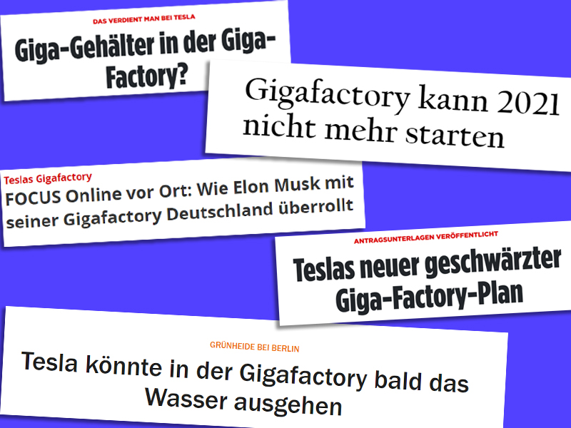 Überschriften von "Bild", "Tagesspiegel", "Focus Online", "Handelsblatt" zur "Gigafactory"