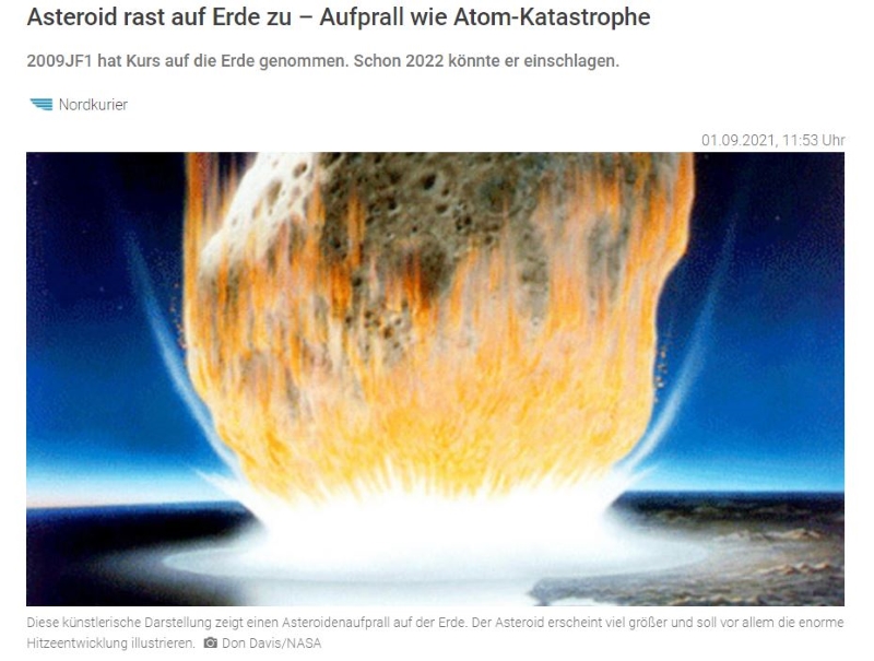 Nordkurier-Headline: "Asteroid rast auf Erde zu – Aufprall wie Atom-Katastrophe" - mit Illustration