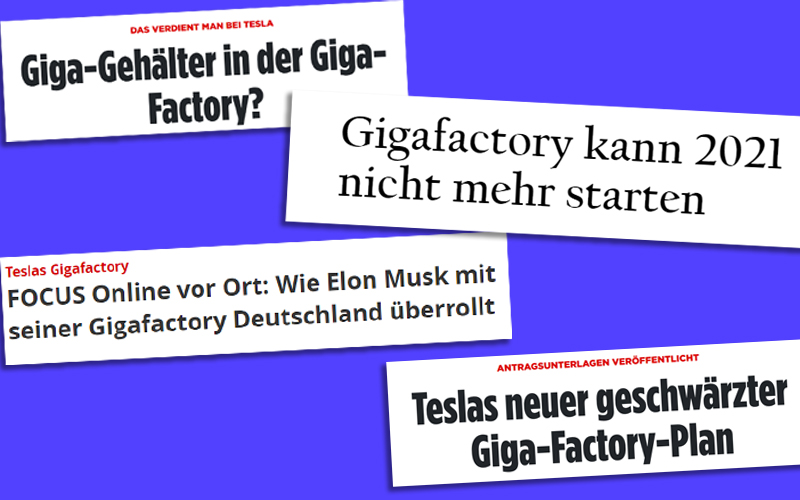 Überschriften von "Bild", "Tagesspiegel", "Focus Online", "Handelsblatt" zur "Gigafactory"