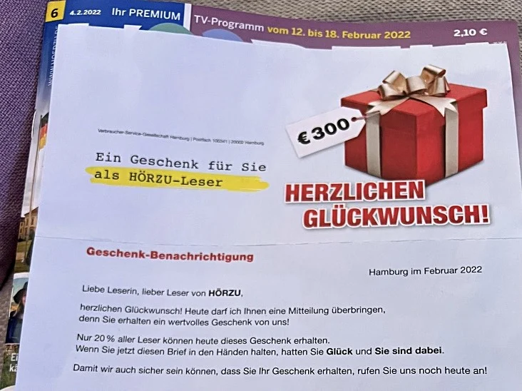 "Ein Geschenk für Sie als HÖRZU-Leser" - "Geschenk-Benachrichtigung"