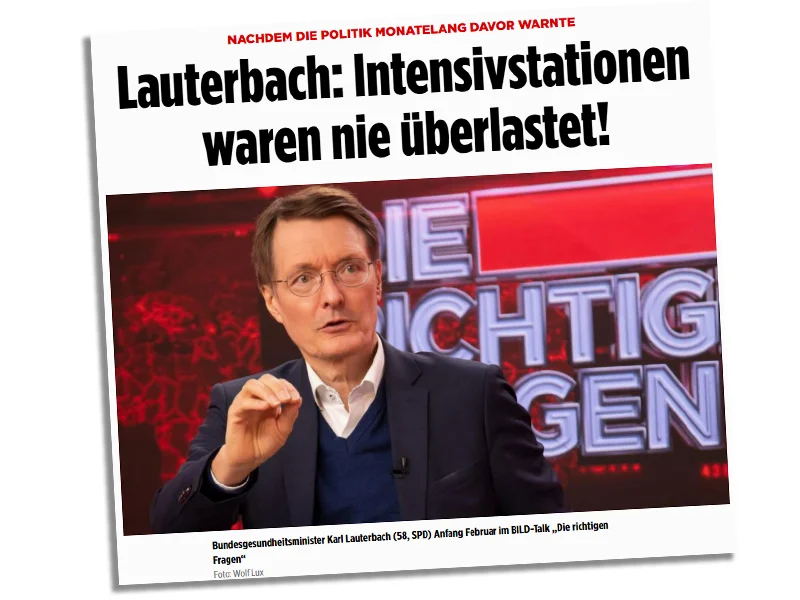 Bild.de-Artikel mit Überschrift "Lauterbach: Intensivstationen waren nie überlastet!" und Foto von Karl Lauterbach