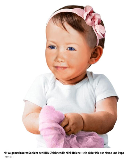 [Eine schlechte Fotomontage eines Babys, dazu die Bildunterschrift:] Mit Augenzwinkern: So sieht der BILD-Zeichner die Mini-Helene - ein süßer Mix aus Mama und Papa