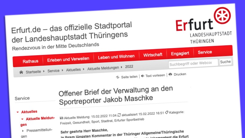 Offener Brief der Verwaltung an den Sportreporter Jakob Maschke