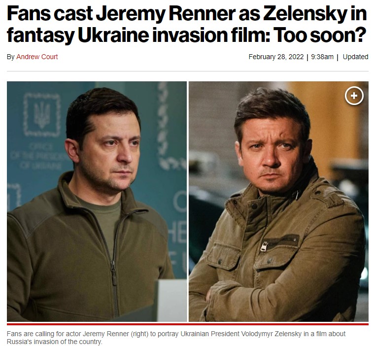 Screenshot der New York Post mit einem Aufmacherbild von Selesnkyj und Schauspieler Jeremy Renner