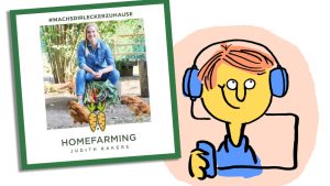 „Homefarming“ überzeugt als Podcast. Das Bild zeigt das Logo des Podcasts: Judith Rakers mit selbstangebautem Gemüse. Daneben ist die Illustration eines Podcast-hörenden Menschen zu sehen, der unter Kopfhörern zufrieden grinst.