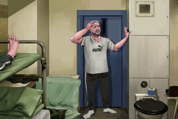 Illustration von "Bild.de": Zu sehen ist ein verzweifelt dreinblickender Boris Becker, der in einer Gefängsniszelle den Notkopf drückt (gezeichnet).