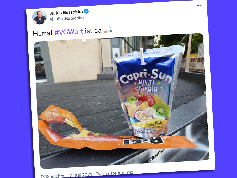 Tweet von Julius Betschka: "Hurra! VGWort ist da" mit Zigarettenemoji und einem Foto einer Bifi-Verpackung und einer Capri-Sun-Getränketüte