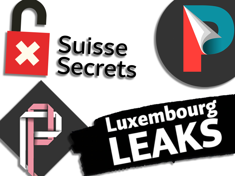 Logos der Datenleak-Recherchen "Suisse Secrets", "Paradise Papers", "Panama Papers" und "Luxembourg Leaks"