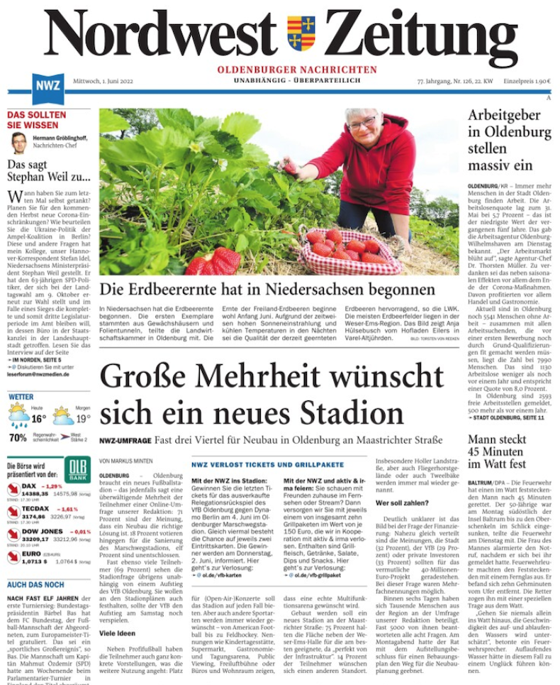 „Nordwest-Zeitung“ Titelseite vom 1. Juni: Große Mehrheit wünscht sich ein neues Stadion.