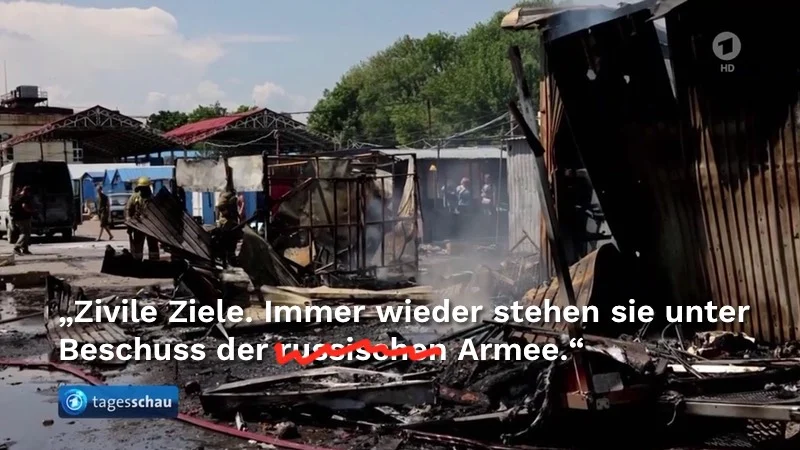 Bild von zerstörtem Marktplatz. „Ziviele Ziele. Immer wieder stehen sie unter Beschuss der russischen Armee.“