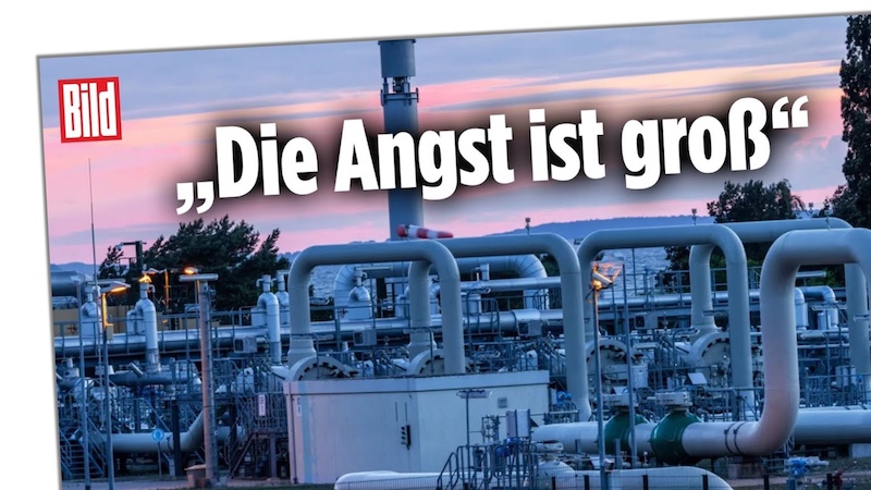 "Bild"-Schlagzeile: "Die Angst ist groß", im Hintergrund Gasleitungen
