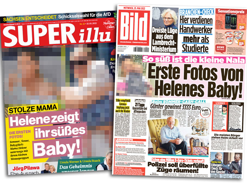Titelseite der "Superillu": "Die ersten Fotos! Helene zeigt ihr süßes Baby!", Titelseite der "Bild": "Erste Fotos von Helenes Baby!"