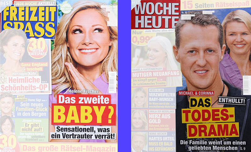 Beispielcover "Freizeit Spass" (mit Helene Fischer) & "Woche heute" (mit Michael Schumacher und Corinna Schumacher)