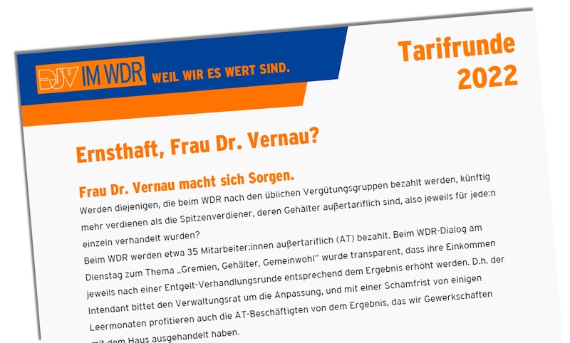 Flugblatt des DJV im WDR, Überschrift: "Ernsthaft, Frau Dr. Vernau?"
