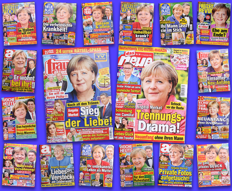 Cover verschiedener Klatschblätter mit Angela Merkel auf dem Titel.