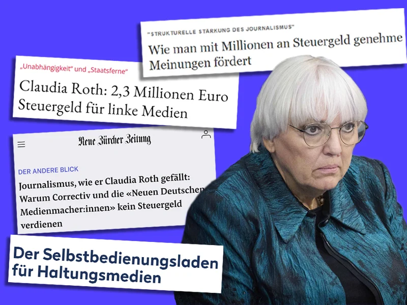 Claudia Roth neben Schlagzeilen von NZZ, "Tichys Einblick", "Achse des Guten", "Junge Freiheit"