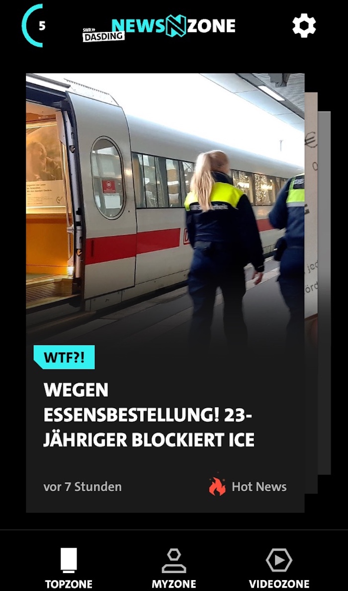 Screenshot der SWR-App "Newszone", Überschrift: "WTF?! Wegen Essensbestellung! 23-Jähriger blockiert ICE"