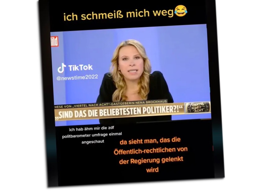 Screenshot von „Bild“-TV mit Nena Brockhaus und der Bauchbinde: „Sind das die beliebtesten Politiker?!“, Einblendungen: „ich schmeiß mich weg“, „da sieht man, das die Öffentlich-rechtlichen von der Regierung gelenkt wird“