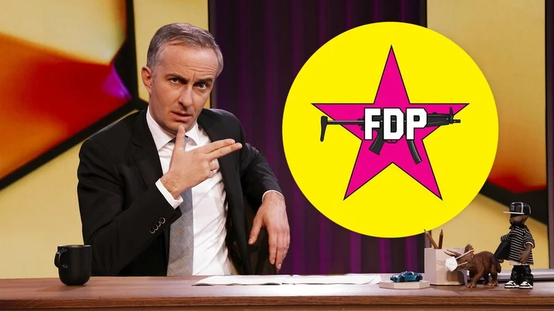 Jan Böhmermann mit FDP-Logo im RAF-Stil