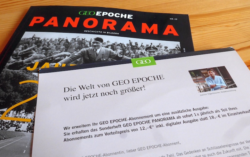 Cover der Zeitschrift "Geo Epoche Panorama", auf der ein Anschreiben an Abonnent:innen liegt.