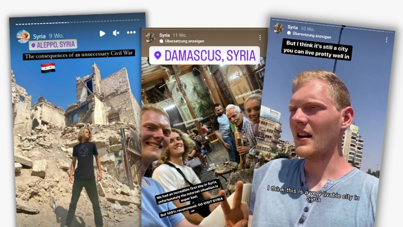 Collage aus Bildern von Influencern, die in Syrien Urlaub machen.
