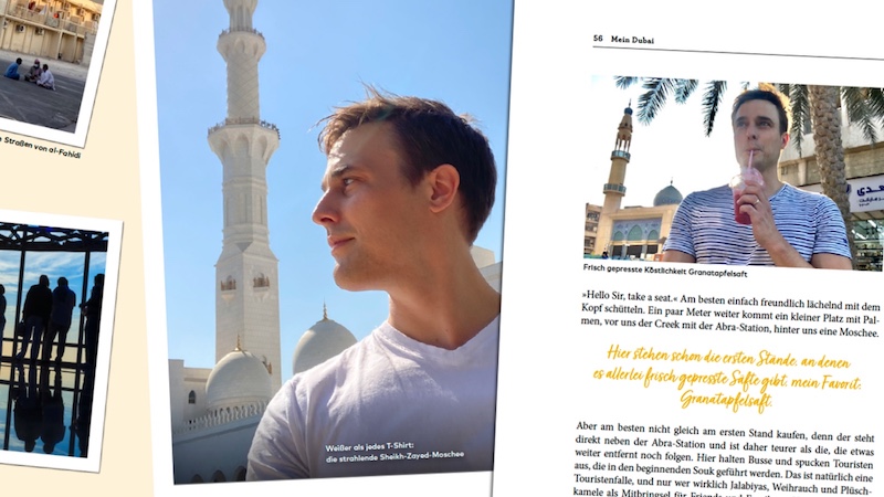 Seiten aus Constantin Schreibers Dubai-Reiseführer mit abgebildeten Selfies.
