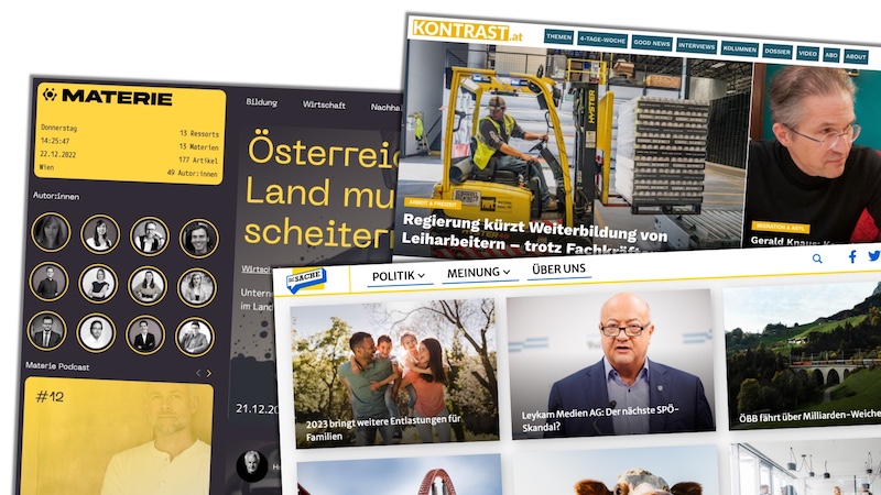 Collage von Startseiten österreichischer Parteimedien: "Zur Sache", "Kontrast" und "Materie"