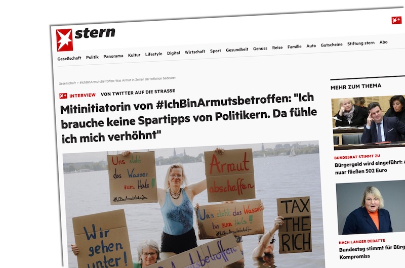 "Stern"-Interview zum Thema Armut. Auf dem Foto sind Personen in einem See zu sehen, die Schilder hochhalten, etwa mit der Aufschrift: "Wir gehen unter!"