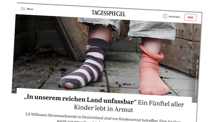 Beitrag im "Tagesspiegel" mit Symbolfoto: löchrige Socken an Kinderfüßen.