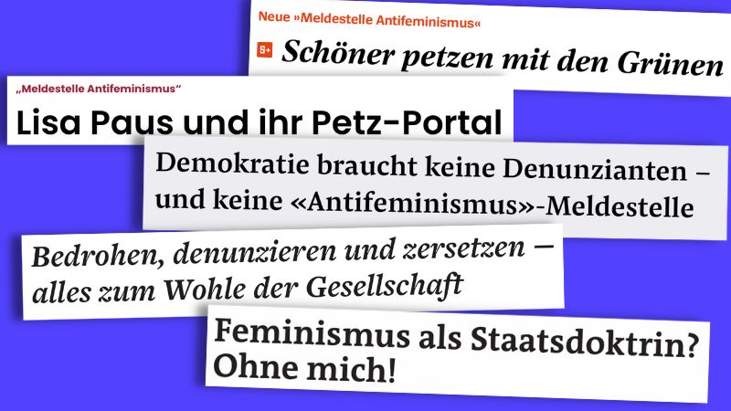Collage aus Überschriften zu Berichten über die neue "Meldestelle Antifeminismus".