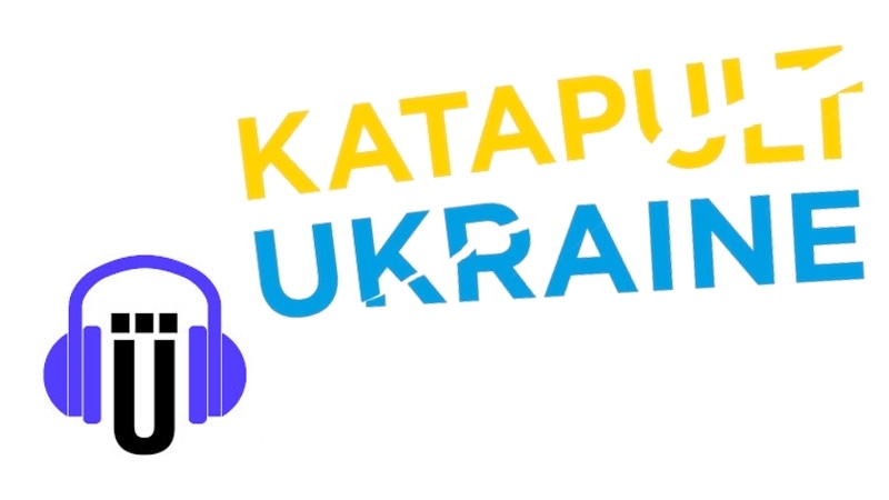Podcast-Logo "Holger ruft an" und zerrissenes Logo "Katapult Ukraine"