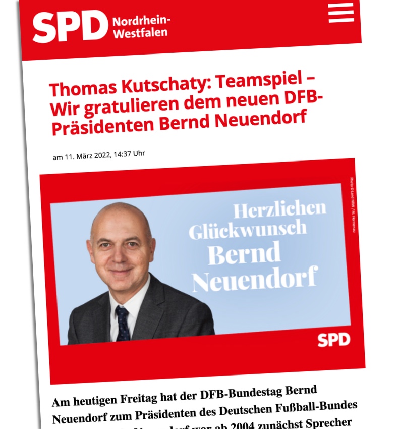 Screenshot der Internetseite der SPD NRW mit einem Foto von Bernd Neuendorf.