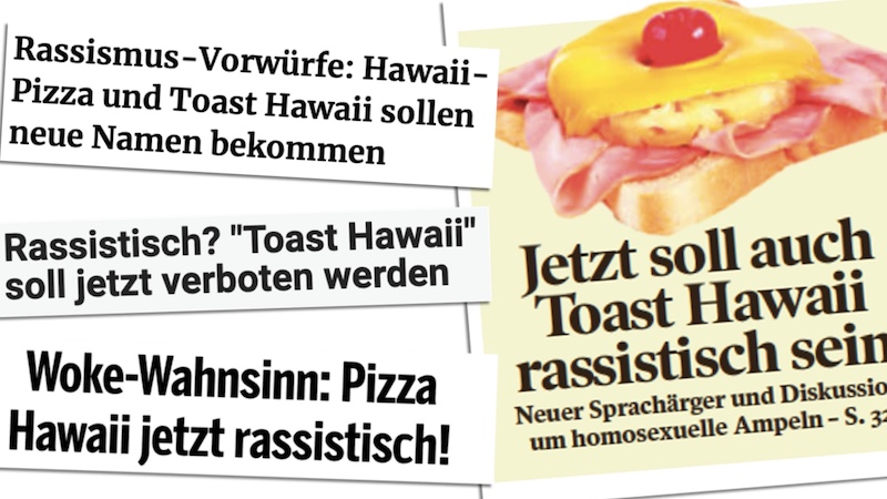 Schlagzeilen-Collage aus Berichten über ein angebliches "Verbot" von "Toast Hawaii"