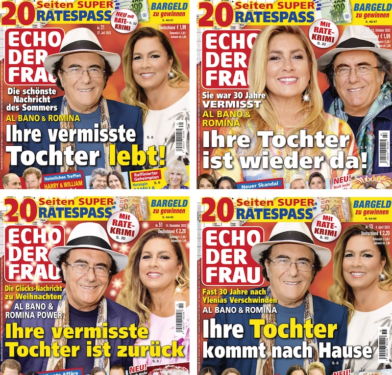 Vier Cover der Zeitschrift "Echo der Frau" aus der Funke-Mediengruppe, jeweils mit großem Bild von Al Bano und Romina Power