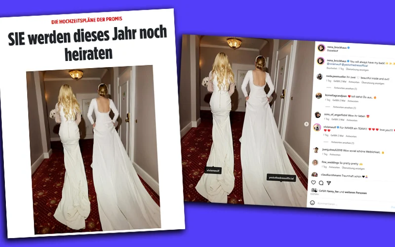 Links der "Bild"-Artikel über Viven Wulfs Brautmoden mit Nena Brockhaus als Modell, rechts der Instagram-Post von "Bild"-Moderatorin Nena Brockhaus