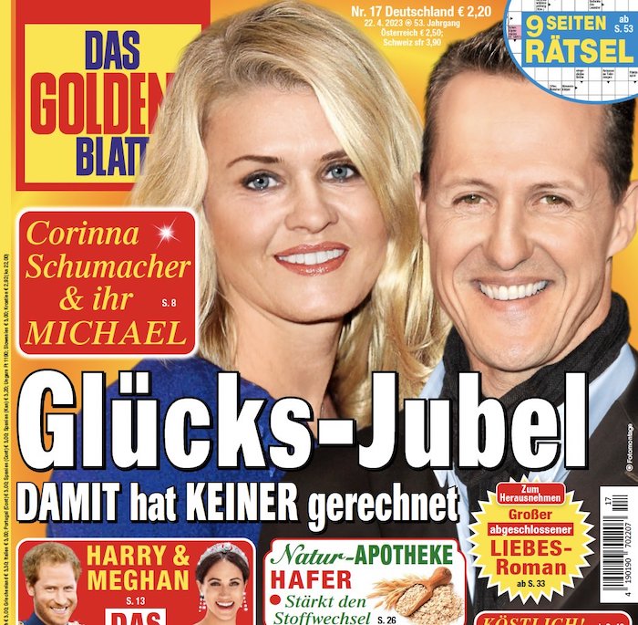 Titel des Funke-Zeitschrift "Das Goldene Blatt" mit Corinna und Michael Schumacher, Schlagzeile: "Glücks-Jubel - DAMIT hat KEINER gerechnet".