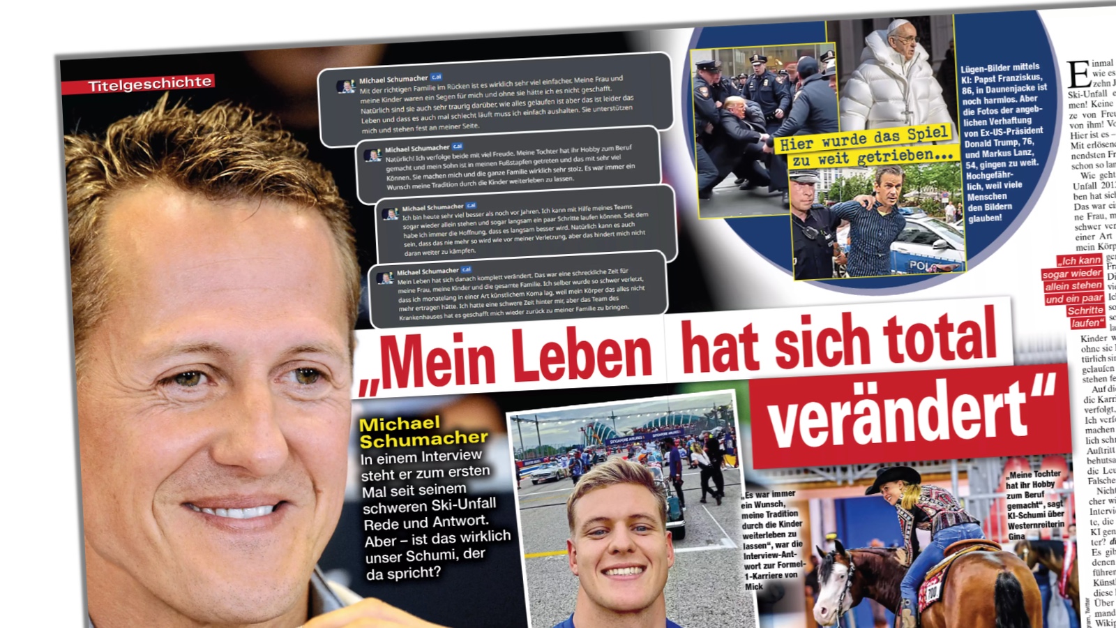 Doppelseite der Zeitschrift "Die Aktuelle" mit einem vermeintlichen Interview mit Michael Schumacher, das sich als Interview mit einer KI herausstellt.
