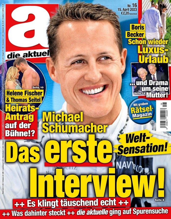 Cover der Zeitschrift "Die Aktuelle" mit der großen Überschrift: "Michael Schumacher: Das erste Interview!" und einem Foto von Michael Schumacher