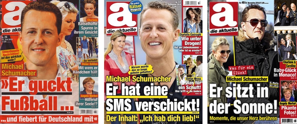 Drei verschiedene Cover der Zeitschrift "Die Aktuelle" aus den Jahren 2014 und 2016 über Michael Schumacher.