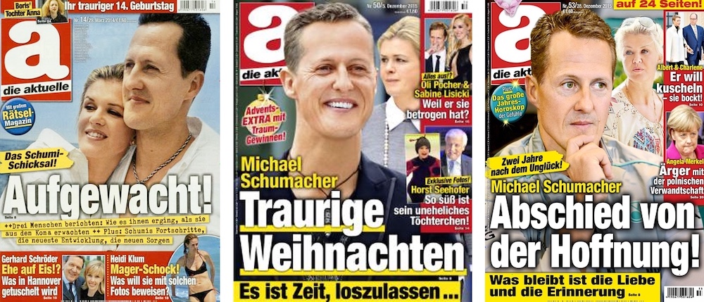 Drei verschiedene Cover der Zeitschrift "Die Aktuelle" aus den Jahren 2014 und 2015 über Michael Schumacher.